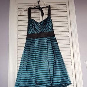 Stripped teal and black halter mini dress